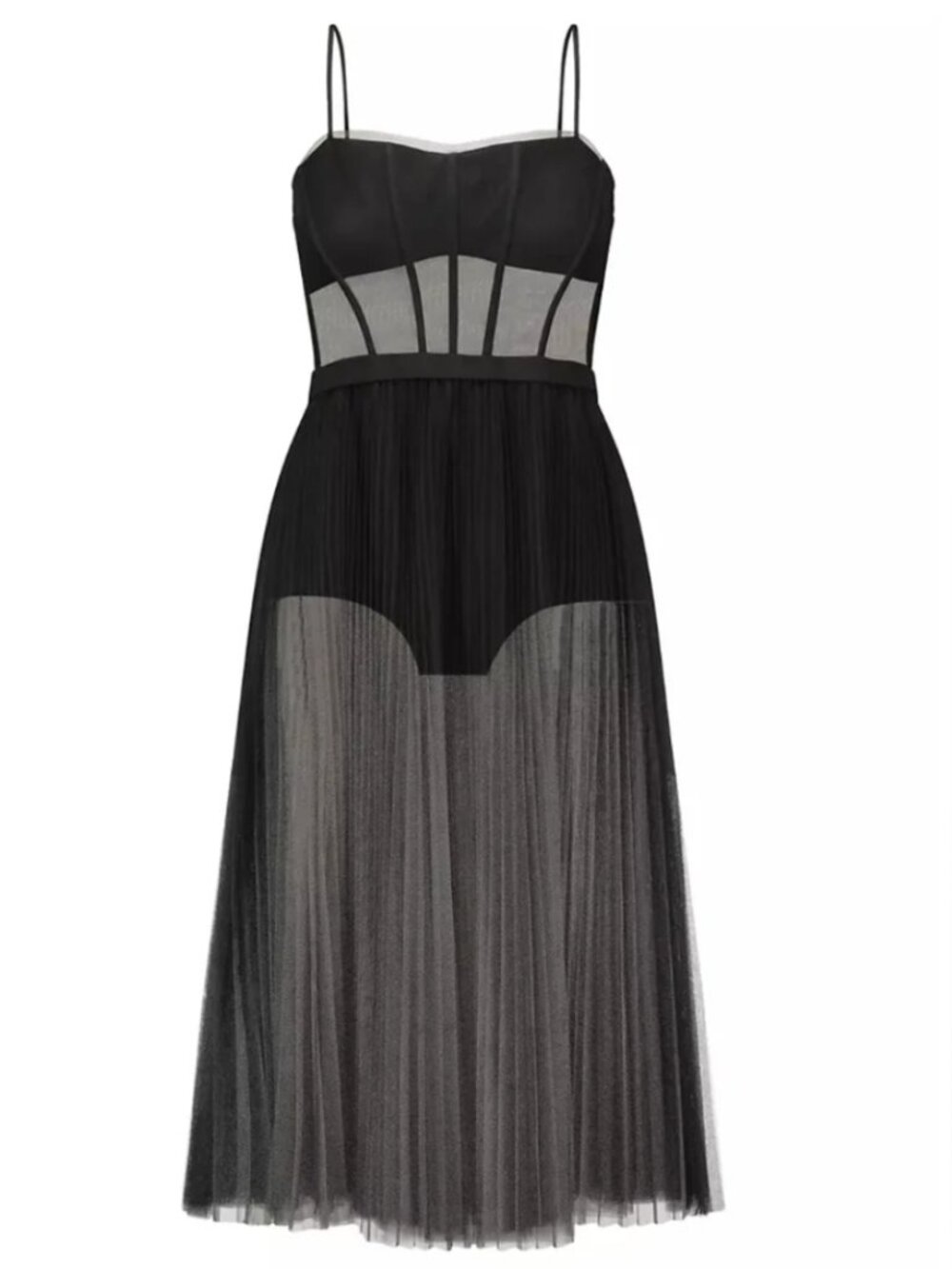 NWT BCBGMAXAZRIA BLACK SHEER CORSET MIDI DRESS MEDIUM - Picture 1 of 10